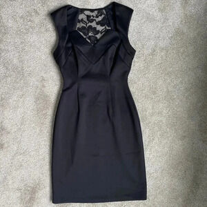 Dress Barn Bodice Lace Back Straight Midi Black Satin Like Dress Size 4